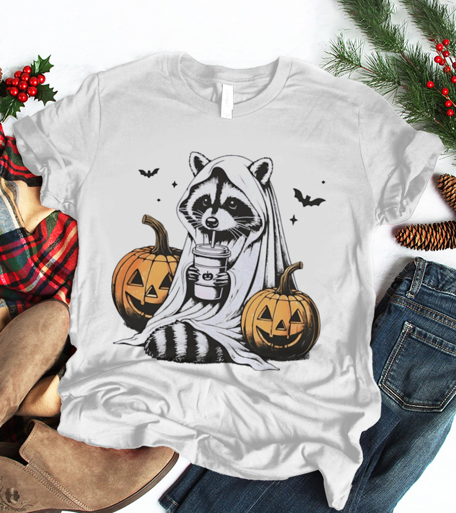 Raccoon Ghost With Iced Coffee And Jack O' Lanterns Halloween T-Shirt
