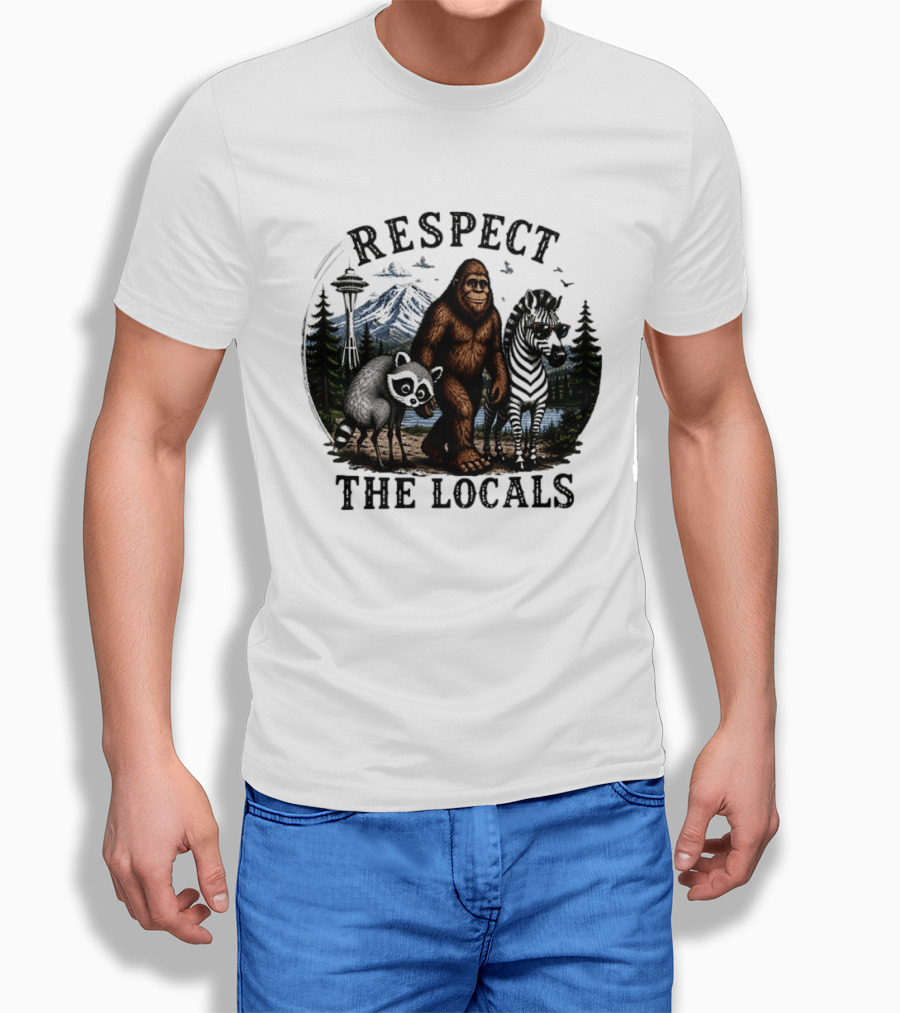 Respect The Locals Bigfoot Raccoon Zebra Seattle Space Needle Forest Scene T-Shirt