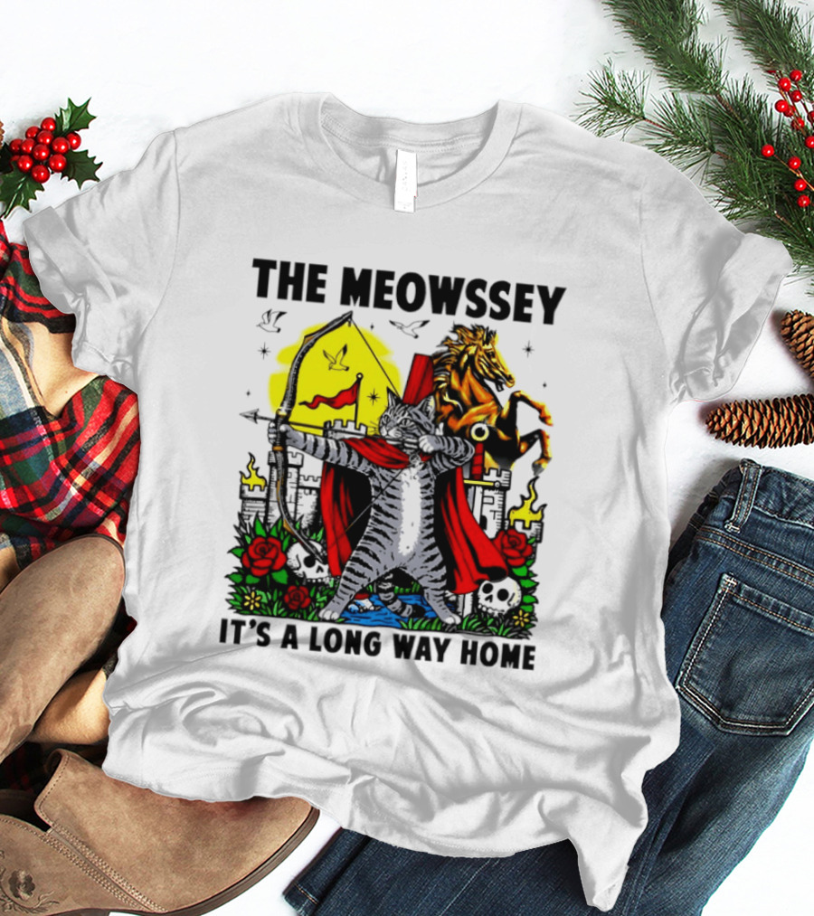 The Meowssey It's A Long Way Home Cat Archer With Red Cape And Horse T-Shirt