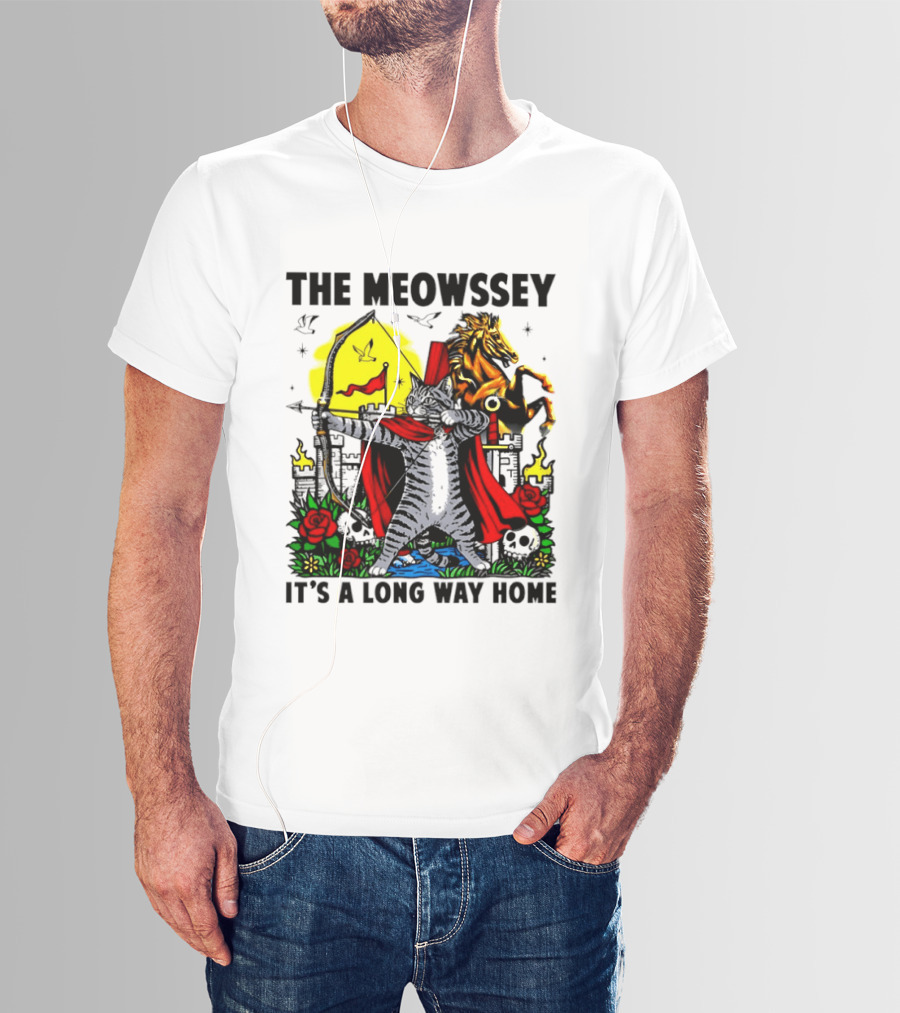The Meowssey It's A Long Way Home Cat Archer With Red Cape And Horse T-Shirt