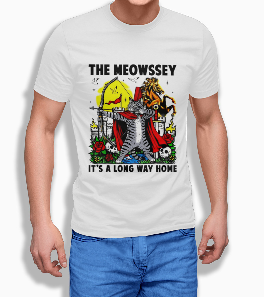 The Meowssey It's A Long Way Home Cat Archer With Red Cape And Horse T-Shirt