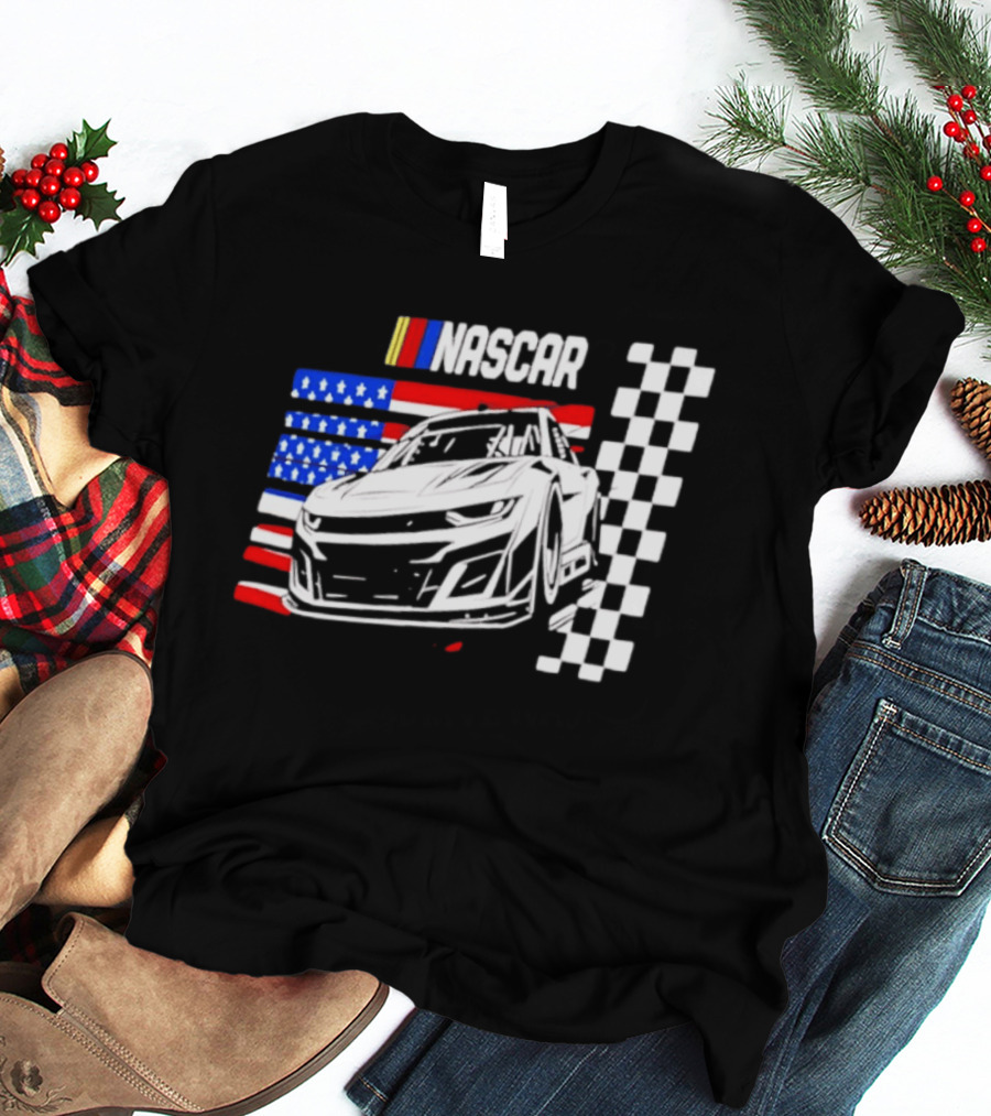 Nascar Race Car American Flag Checkered Flag T-Shirt