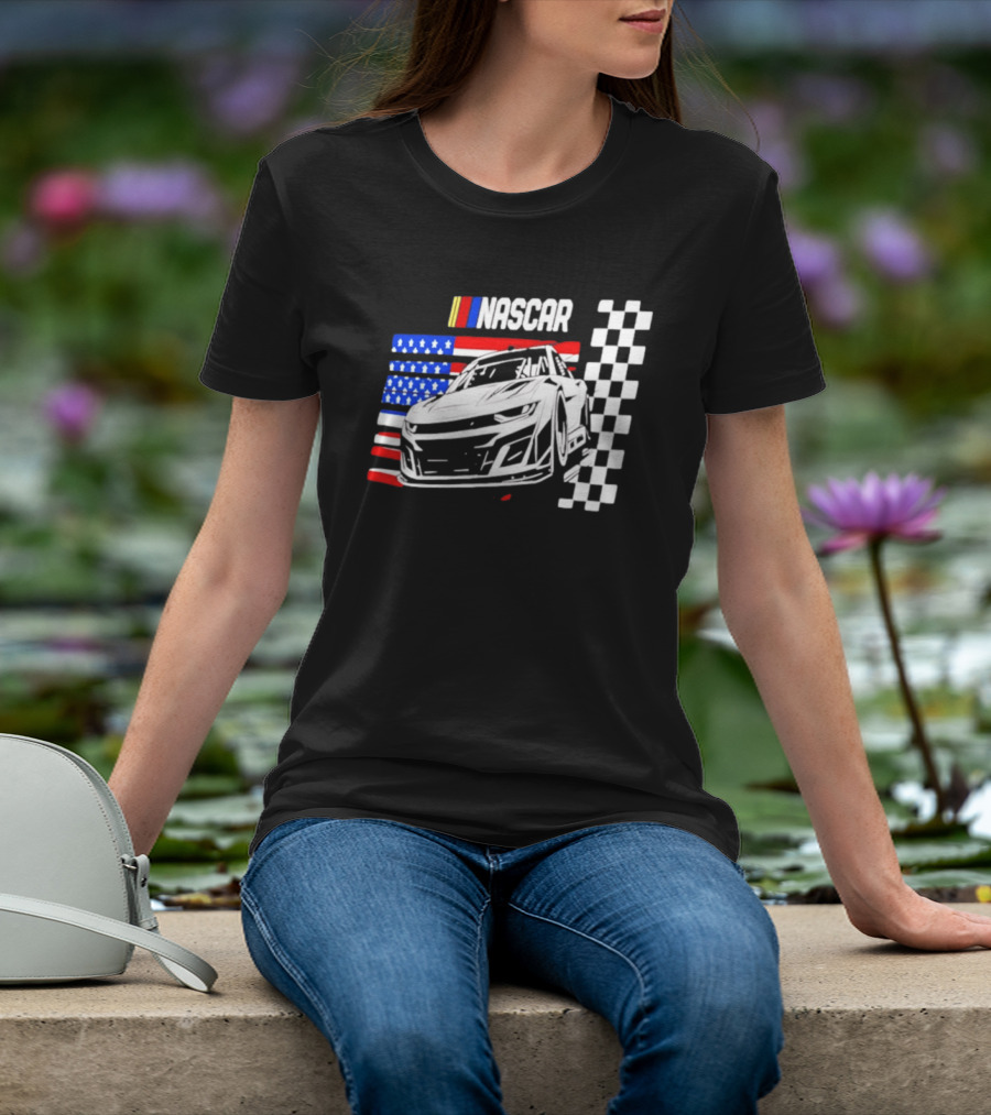 Nascar Race Car American Flag Checkered Flag T-Shirt