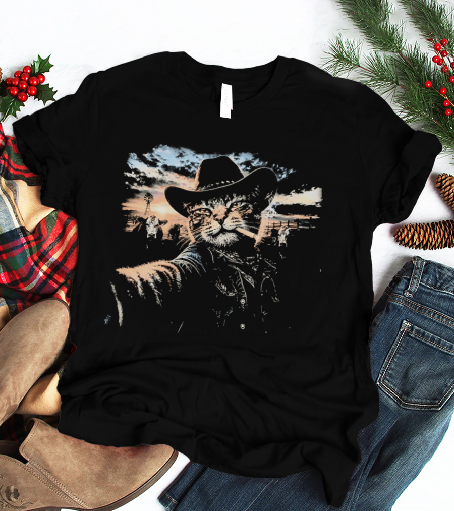 Cowboy Cat Smoking Selfie Sunset Western Sky Scene T-Shirt