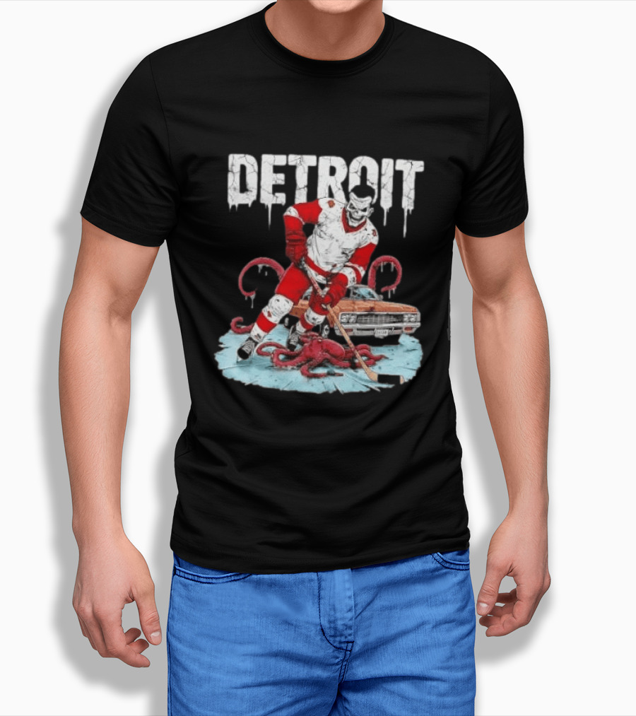 Detroit Red Wings Skull Hockey Player Tentacles Car T-Shirt
