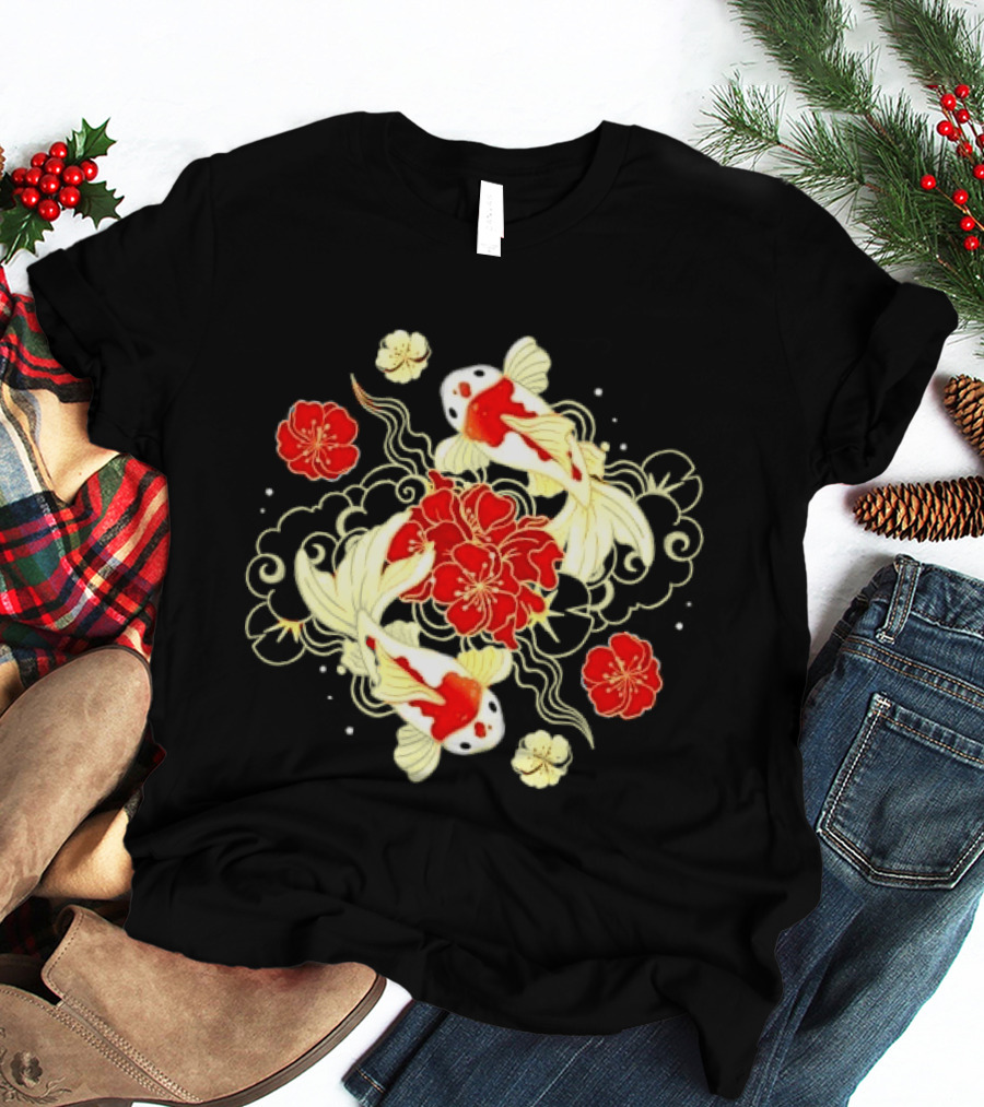 Koi Fish With Red And White Japanese Flowers T-Shirt