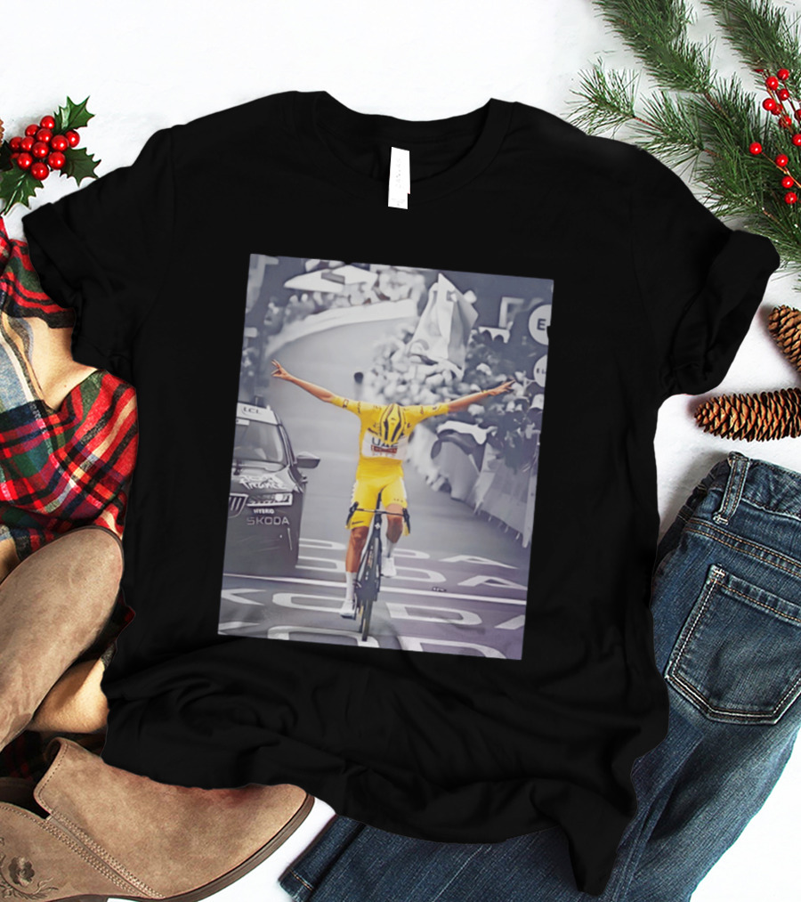 Tadej Pogacar Victory Moment Tour De France Skoda UCL Cyclist In Yellow Jersey T-Shirt