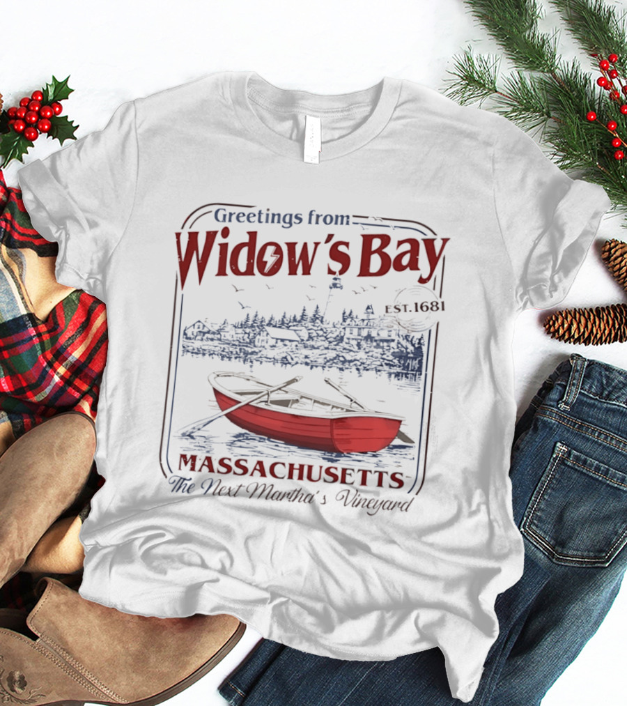 Greetings From Widow's Bay Massachusetts Est 1681 Martha's Vineyard Boat And Lighthouse T-Shirt
