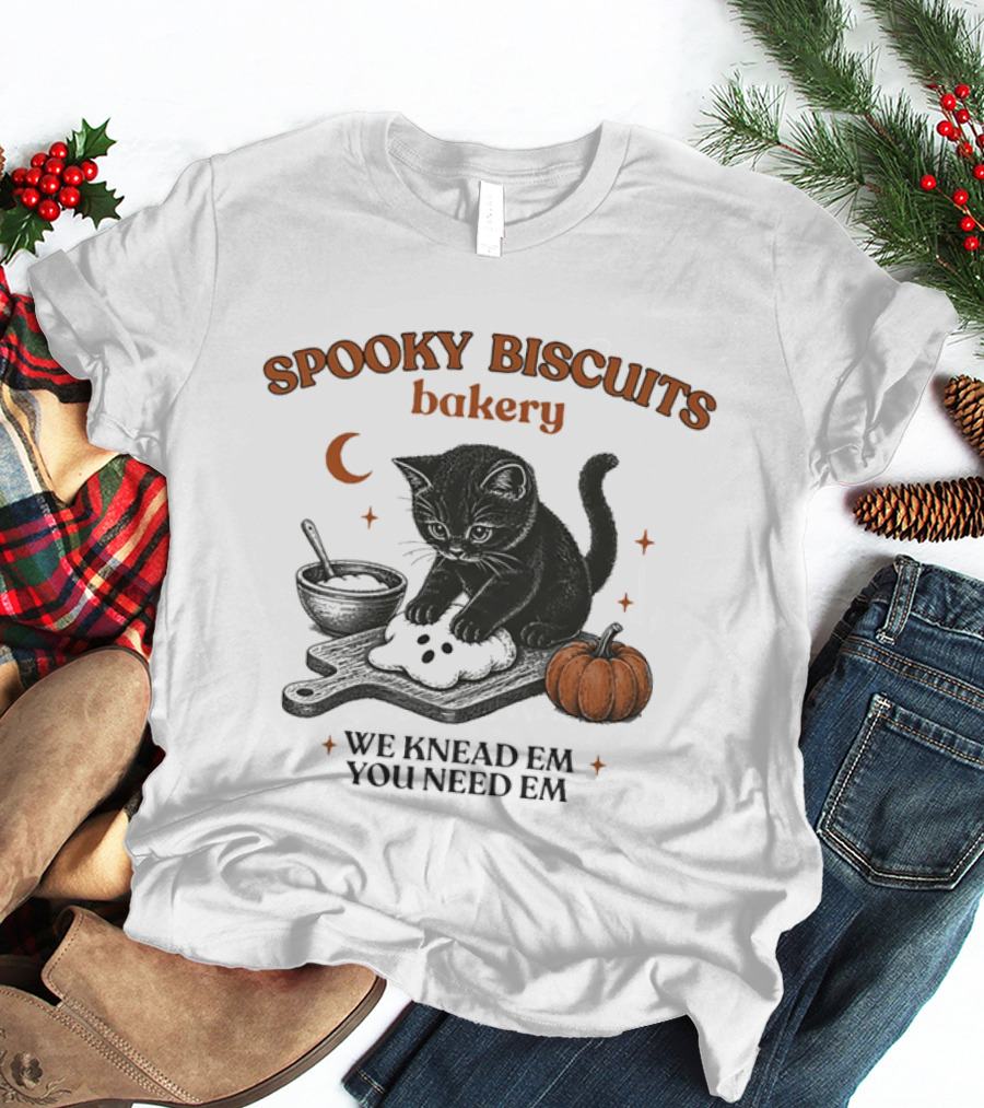 Spooky Biscuits Bakery We Knead Em You Need Em Cat Pumpkin Moon T-Shirt