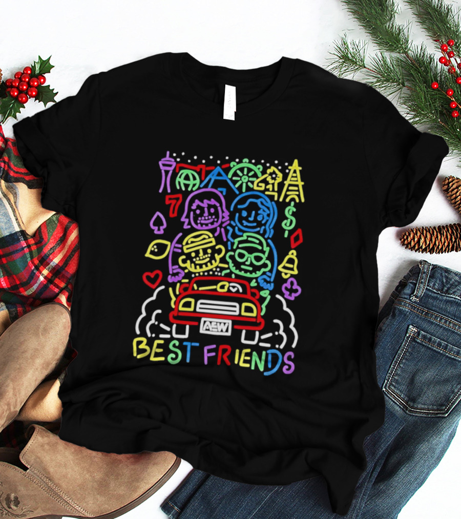 Best Friends AEW Neon Road Trip With Casino Icons And Landmarks T-Shirt