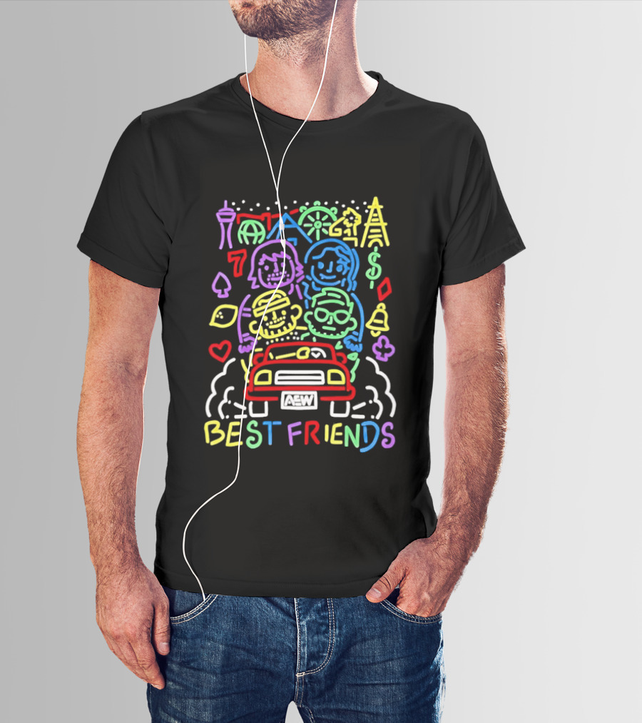 Best Friends AEW Neon Road Trip With Casino Icons And Landmarks T-Shirt