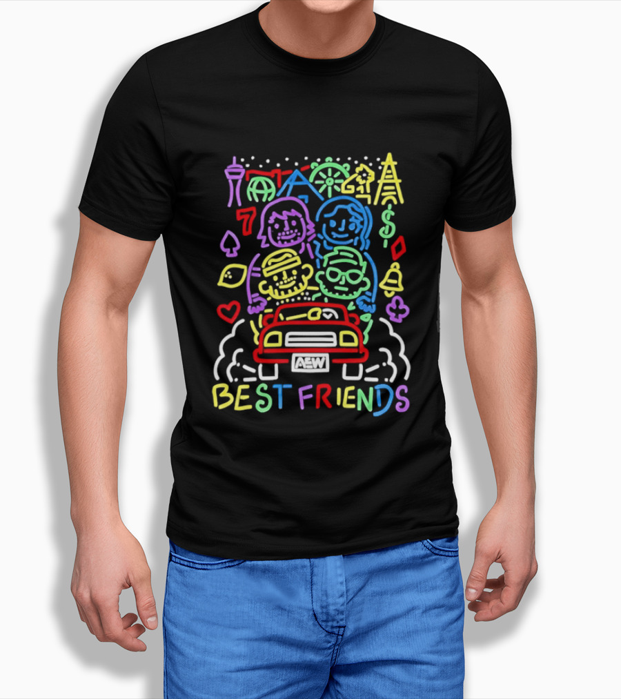 Best Friends AEW Neon Road Trip With Casino Icons And Landmarks T-Shirt