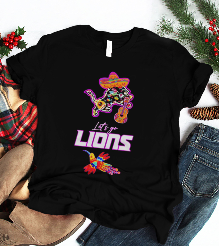 Let's Go Lions Hispanic Heritage Fiesta Mexican Folk Sombrero And Guitar T-Shirt