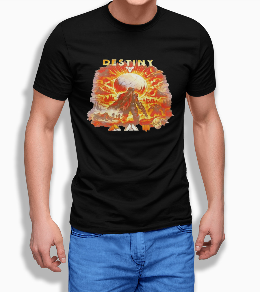 Destiny 3 Guardian Fireteam Solar Battle Scene With Traveler Sky Planet And Skull T-Shirt