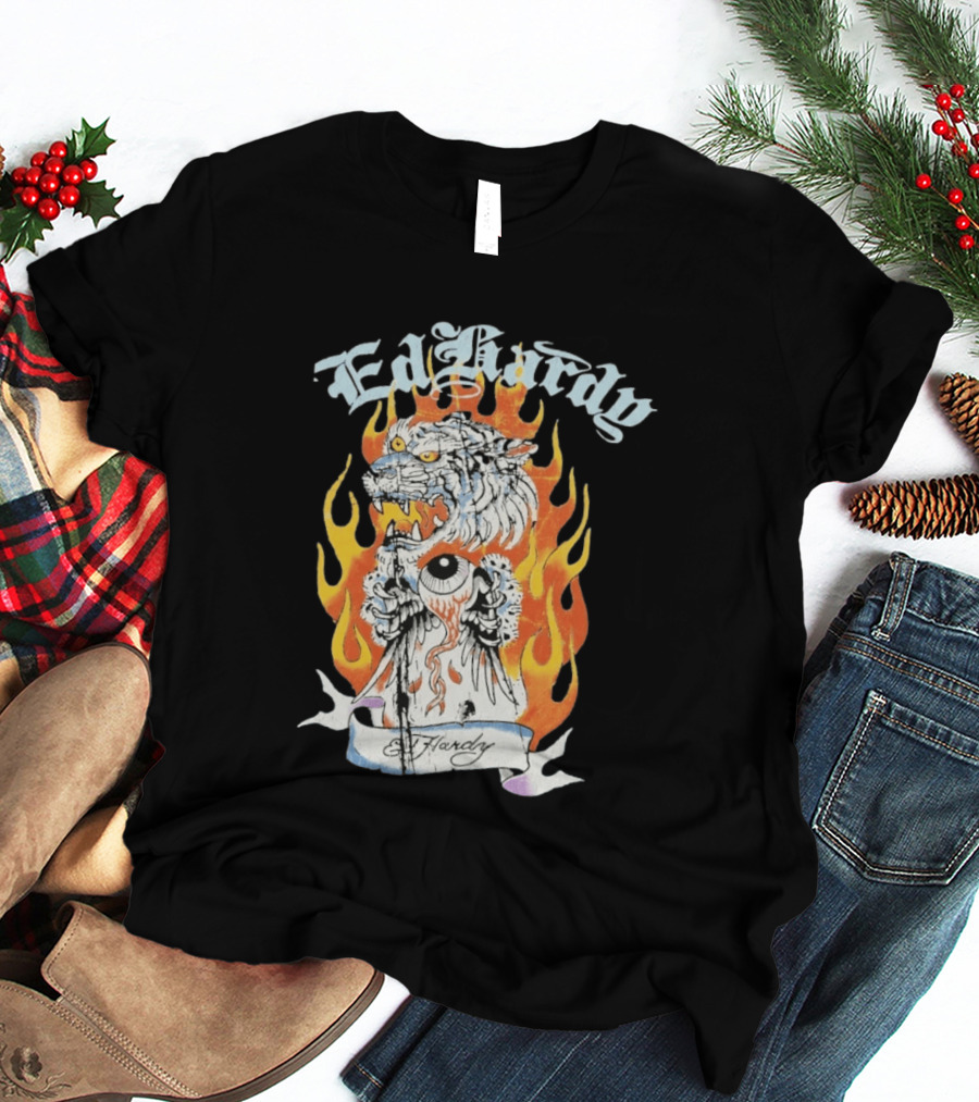 Ed Hardy Flaming Tiger Eyeball Flame Tattoo T-Shirt
