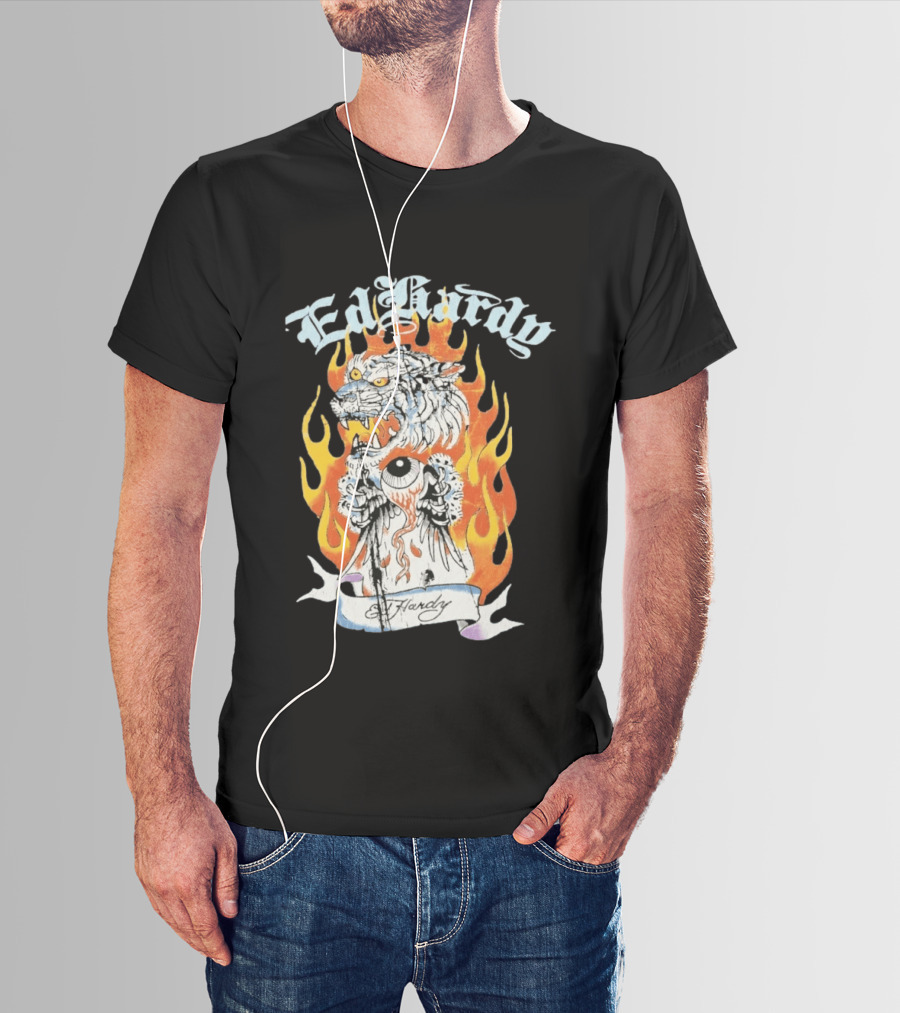 Ed Hardy Flaming Tiger Eyeball Flame Tattoo T-Shirt