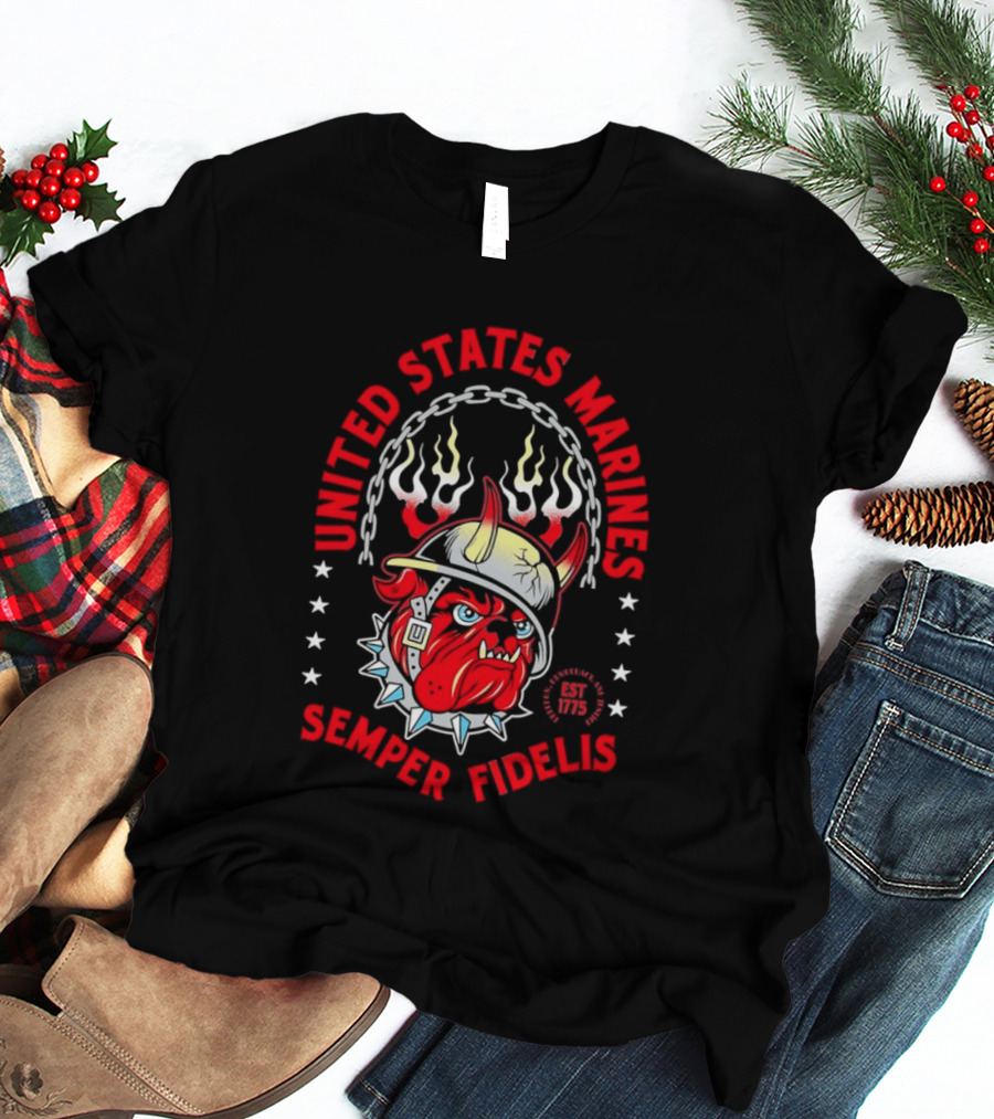 United States Marines Semper Fidelis Bulldog Helmet EST 1775 T-Shirt