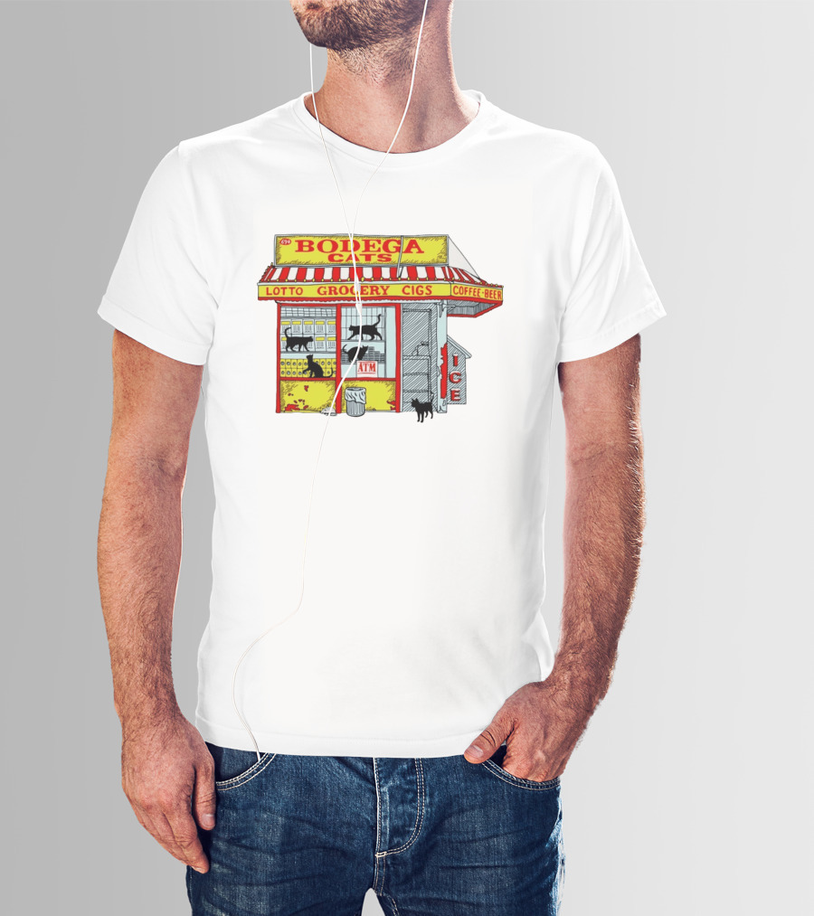 Bodega Cats Grocery Cigs Lotto Coffee Beer Ice ATM T-Shirt