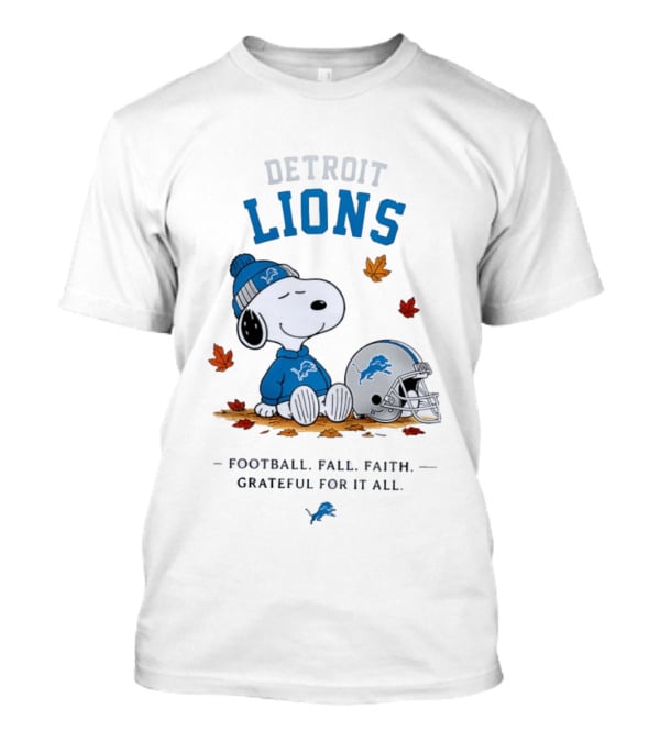 Detroit Lions Snoopy Football Fall Faith Grateful For It All Leaves Helmet T-Shirt