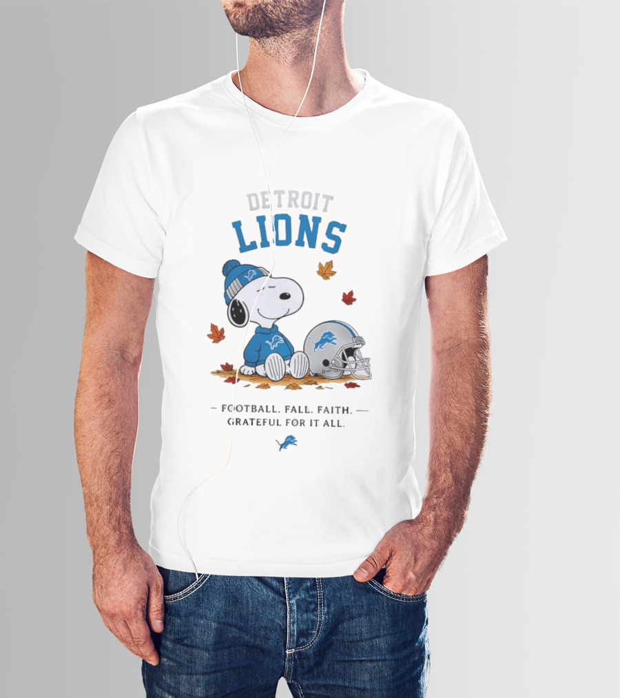 Detroit Lions Snoopy Football Fall Faith Grateful For It All Leaves Helmet T-Shirt