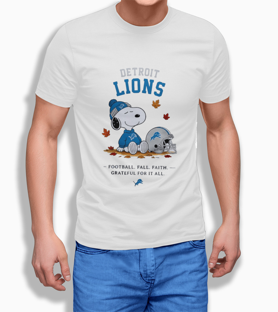 Detroit Lions Snoopy Football Fall Faith Grateful For It All Leaves Helmet T-Shirt