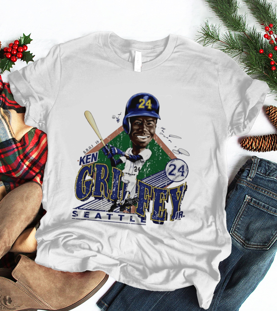 Ken Griffey Jr. Seattle Mariners 24 Baseball Batting Illustration Bruce Stark Collection T-Shirt