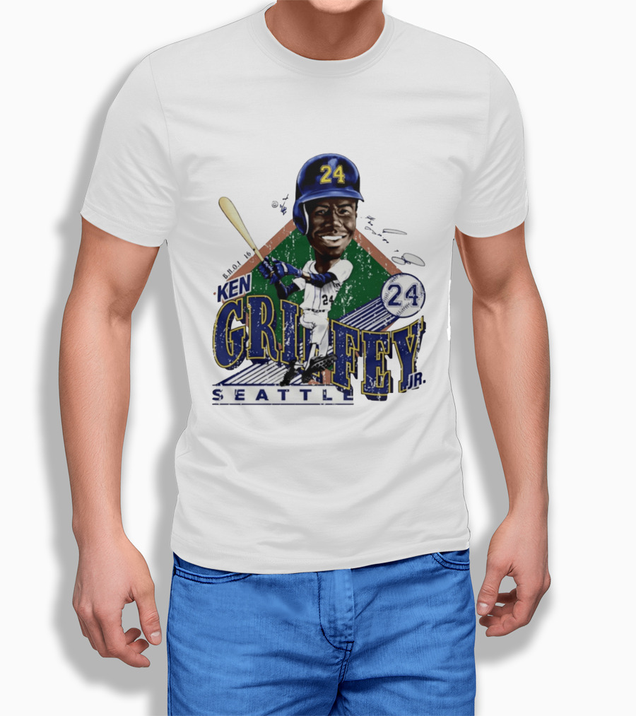 Ken Griffey Jr. Seattle Mariners 24 Baseball Batting Illustration Bruce Stark Collection T-Shirt
