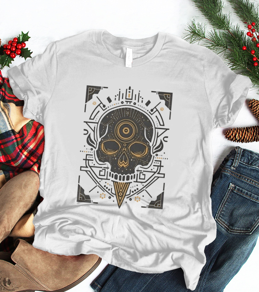 Sacred Geometry Skull Minimalist Golden Ornamental T-Shirt