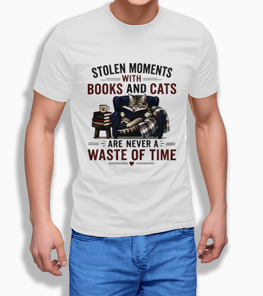 Stolen Moments With Books And Cats Are Never A Waste Of Time Cozy Reading Vibes T-Shirt