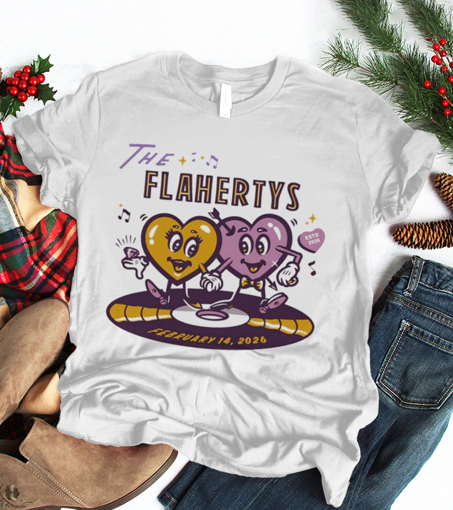 The Flahertys February 14 2026 Dancing Wedding Hearts With Music Notes T-Shirt