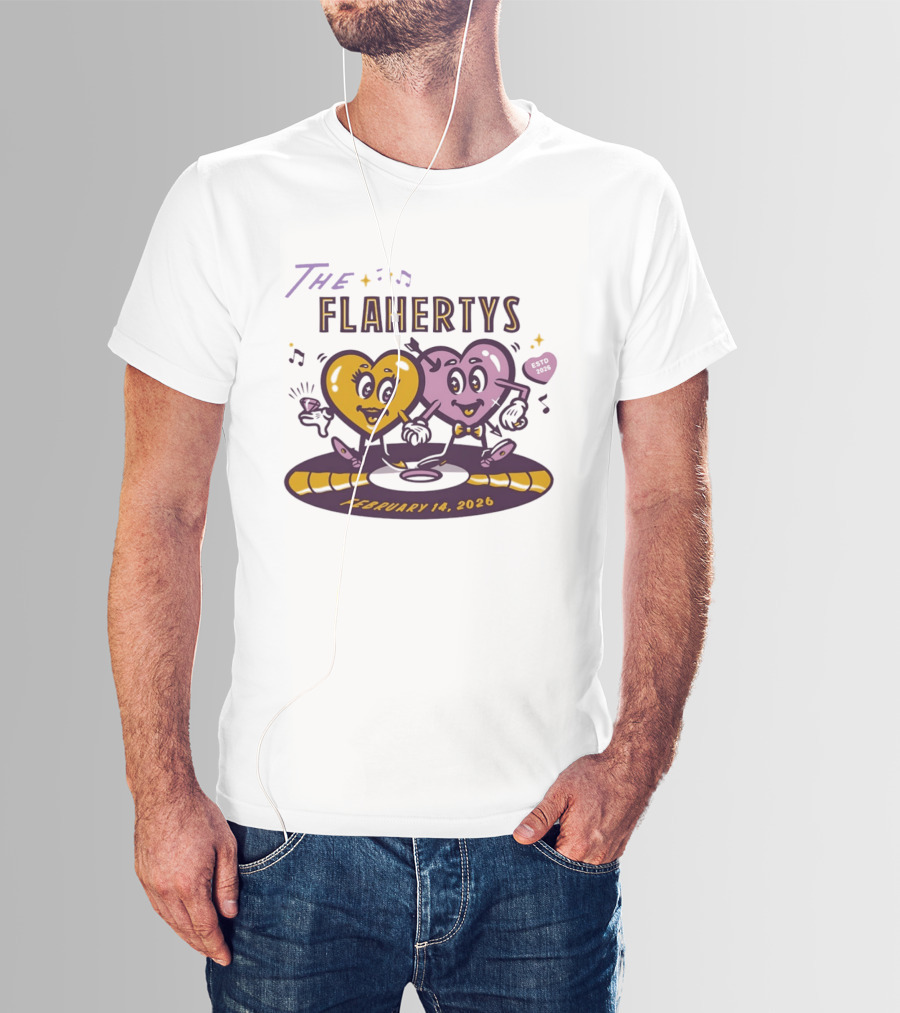The Flahertys February 14 2026 Dancing Wedding Hearts With Music Notes T-Shirt
