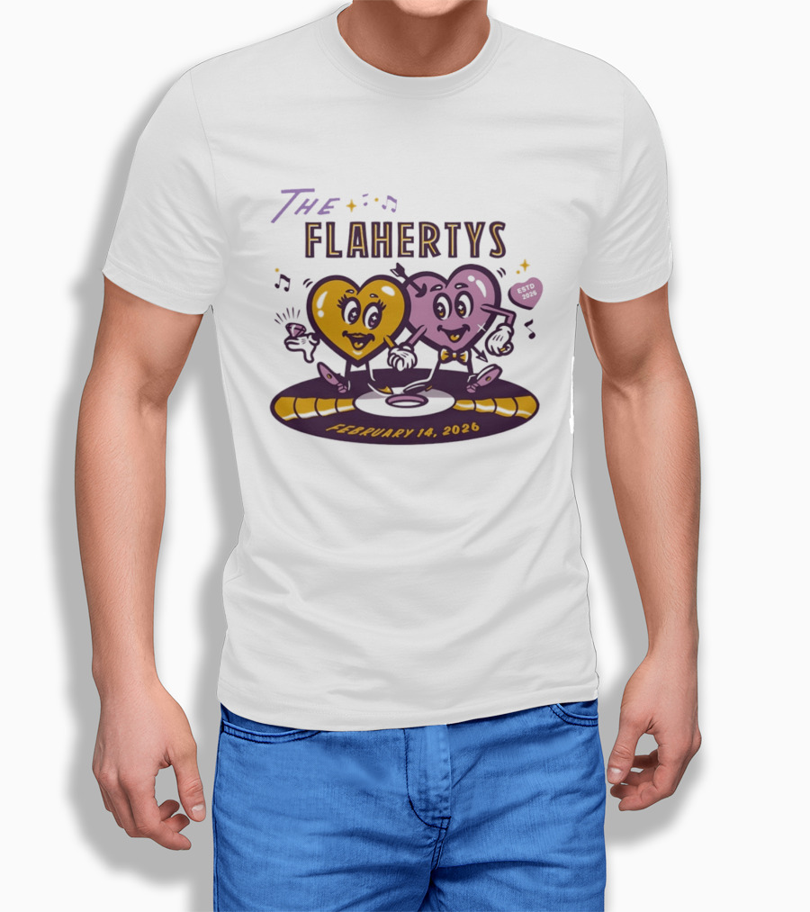 The Flahertys February 14 2026 Dancing Wedding Hearts With Music Notes T-Shirt