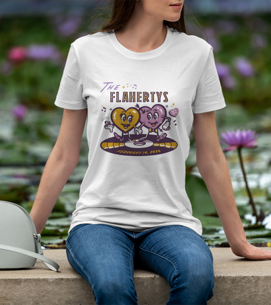 The Flahertys February 14 2026 Dancing Wedding Hearts With Music Notes T-Shirt