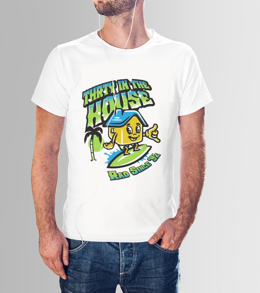 Thrty In The House Rad Since 92 Surfer Cartoon Palm Tree Vibes T-Shirt