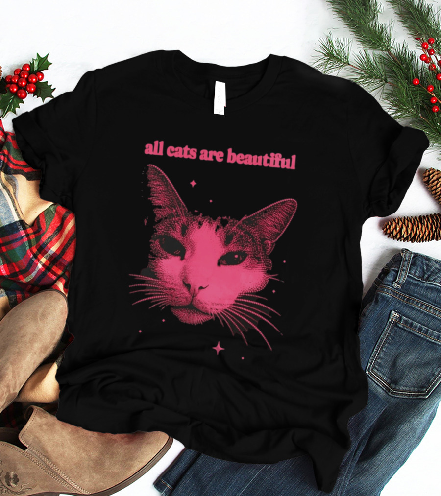All Cats Are Beautiful Pink Halftone Cat Face With Stars T-Shirt