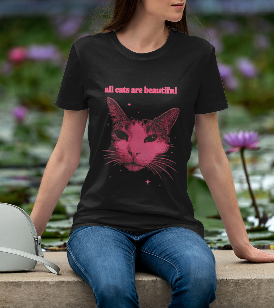 All Cats Are Beautiful Pink Halftone Cat Face With Stars T-Shirt