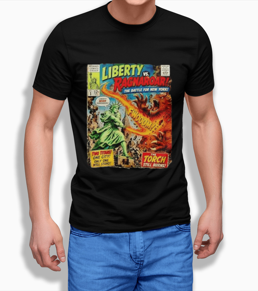 Heckhaus Comics Group Liberty Vs Ragnaroar The Battle For New York Fwooom Two Titans One City Only One Will Stand The Torch Still Burns T-Shirt