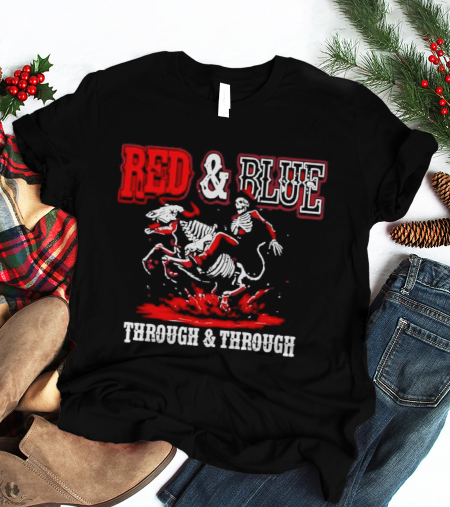 Red And Blue Through And Through Skeleton Cowboy Riding Horse T-Shirt