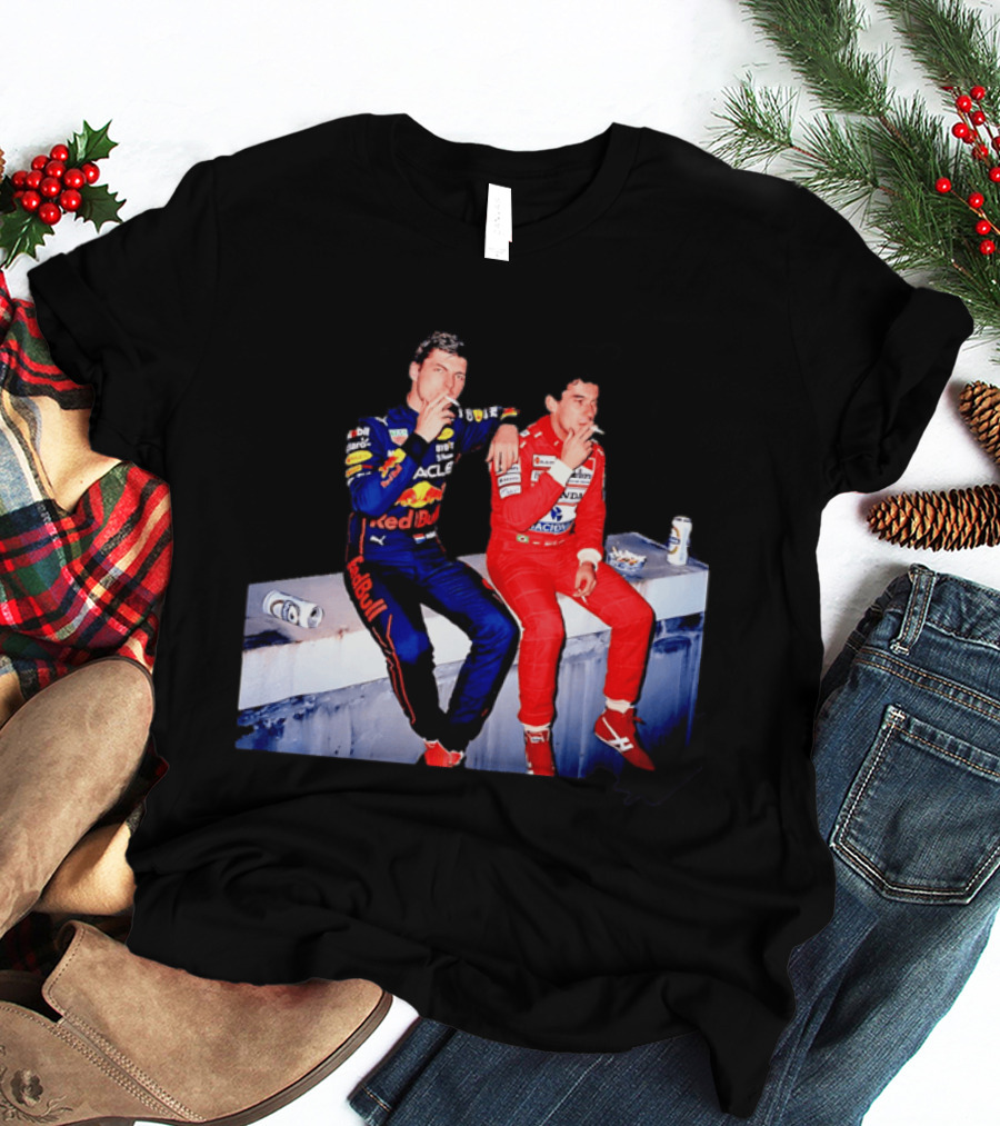 Max Verstappen Red Bull Racing And Ayrton Senna Honda Marlboro F1 Legends Smoking Together T-Shirt