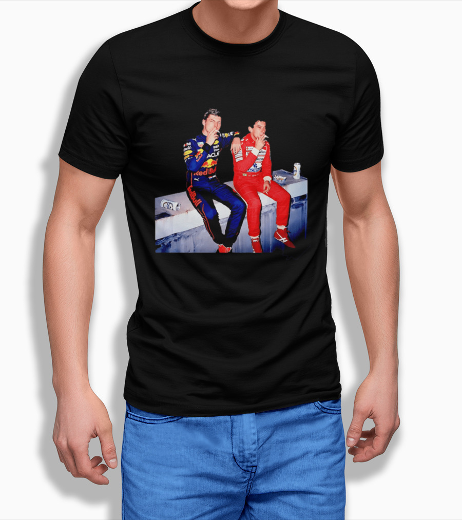 Max Verstappen Red Bull Racing And Ayrton Senna Honda Marlboro F1 Legends Smoking Together T-Shirt
