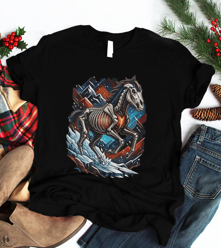 Denver Broncos Runs In My Blood Skeleton Horse And Mountains T-Shirt