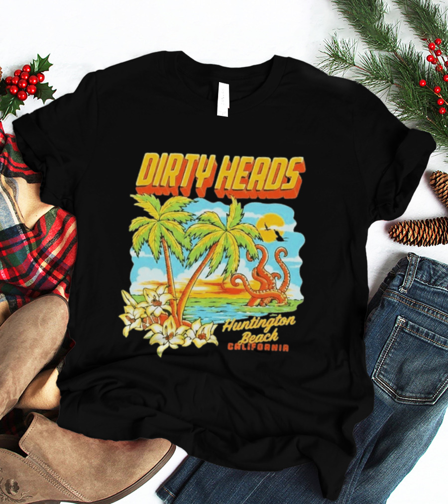 Dirty Heads Tropical Beach Palm Trees Ocean Sunset Octopus Huntington Beach California T-Shirt