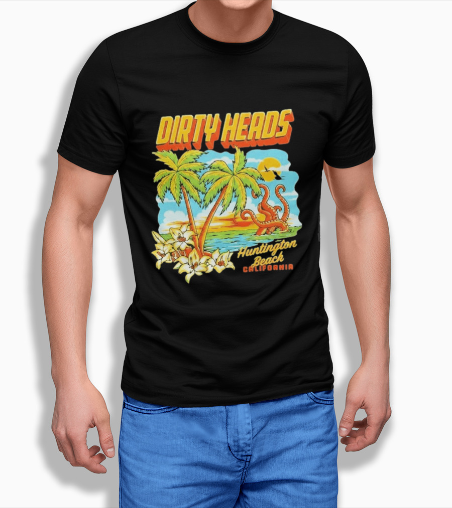 Dirty Heads Tropical Beach Palm Trees Ocean Sunset Octopus Huntington Beach California T-Shirt