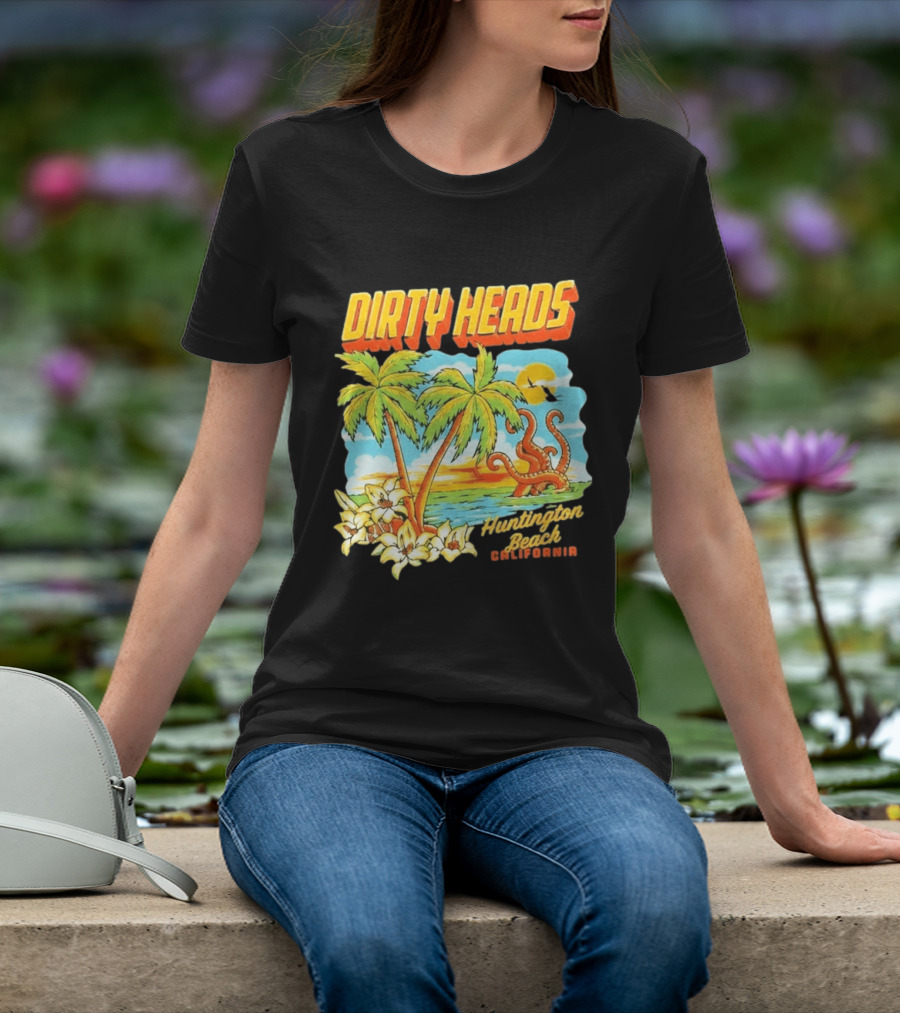 Dirty Heads Tropical Beach Palm Trees Ocean Sunset Octopus Huntington Beach California T-Shirt