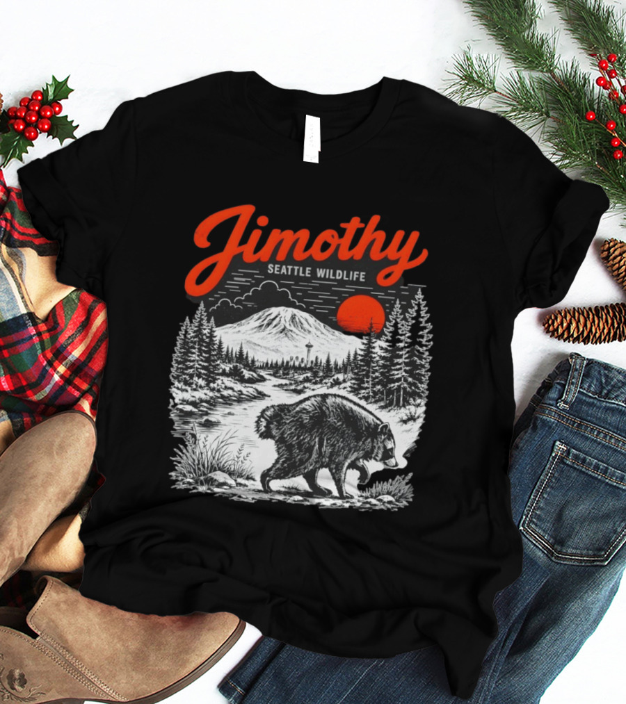 Jimothy Seattle Wildlife Raccoon With Mountain And Space Needle T-Shirt