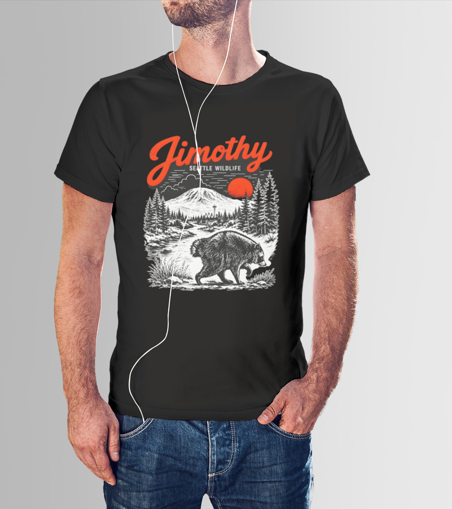 Jimothy Seattle Wildlife Raccoon With Mountain And Space Needle T-Shirt