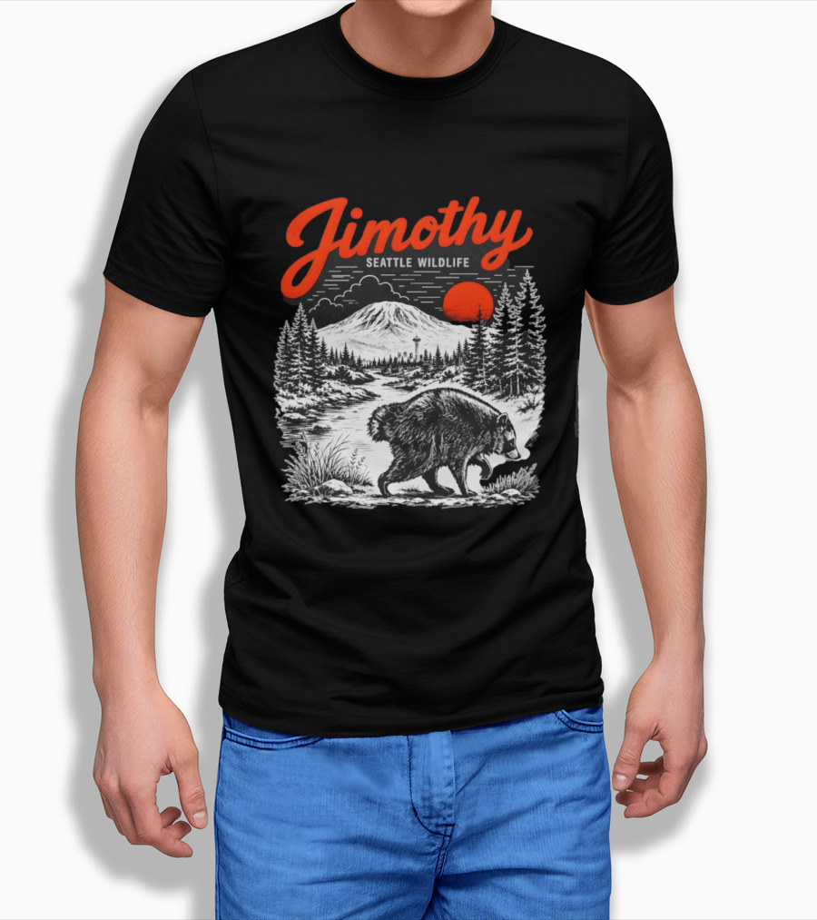 Jimothy Seattle Wildlife Raccoon With Mountain And Space Needle T-Shirt
