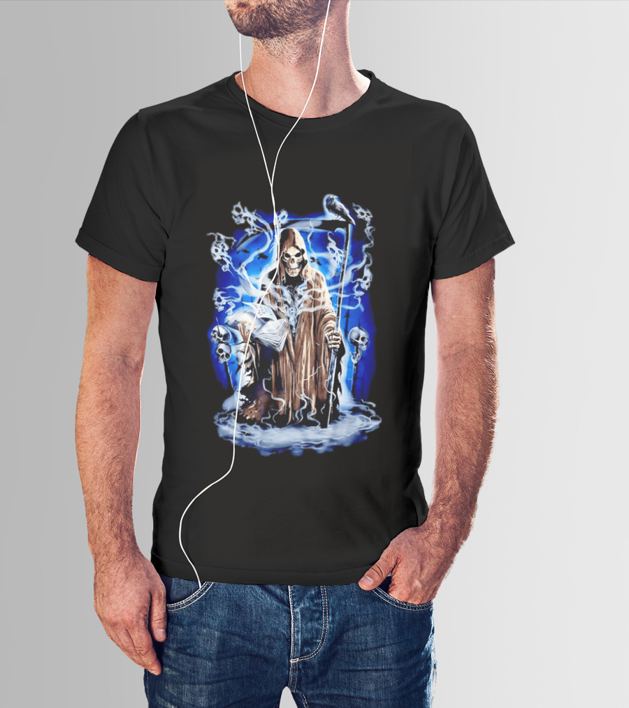 Sooner Than You Think Grim Reaper Skull And Scythe In Blue Mist T-Shirt