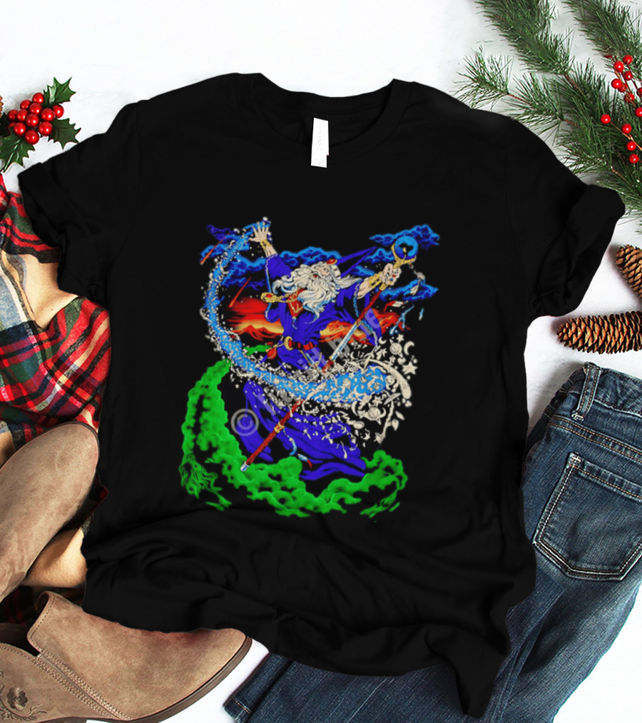 Wizard Casting Magic Conjuring Galaxies Fantasy Aurora Sky T-Shirt