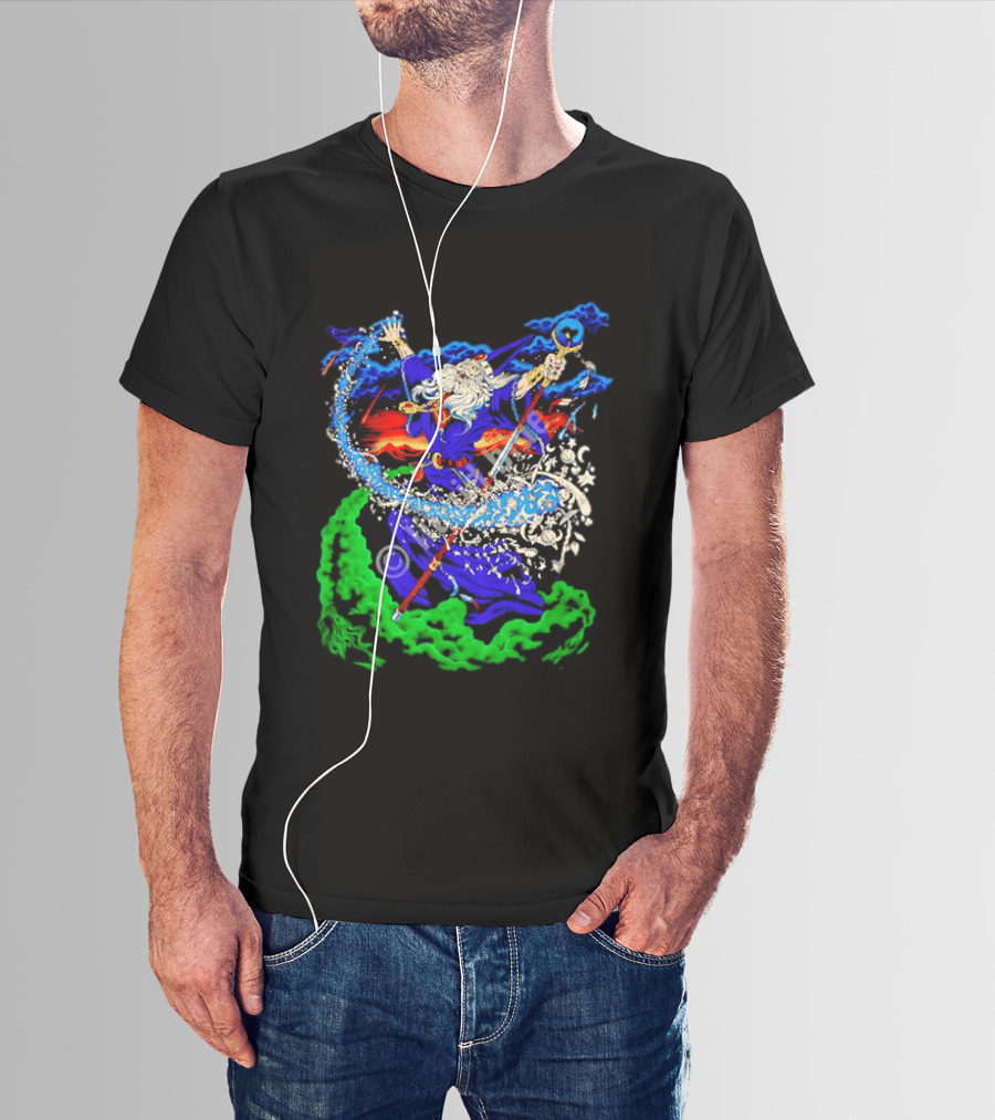 Wizard Casting Magic Conjuring Galaxies Fantasy Aurora Sky T-Shirt